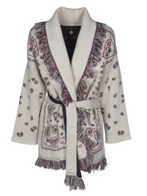 ALANUI: cardigans - Bandana printed cardigan in white cashmere