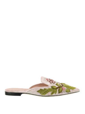 ALBERTA FERRETTI: sabot - Mules in velluto rosa con ricami floreali