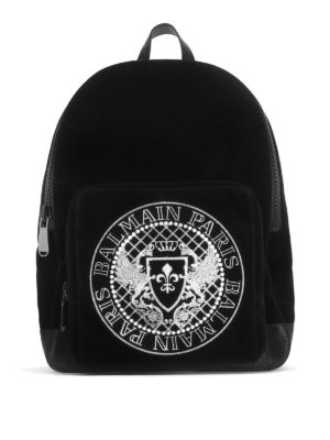 Balmain: zaini - Zaino in velluto con stampa del logo
