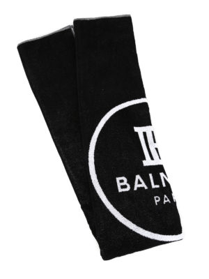 Balmain: accessori mare - Telo mare in cotone nero con stampa logo