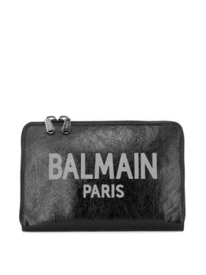Balmain: pochette - Clutch in pelle nera con stampa del logo