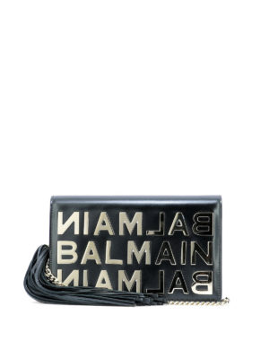 Balmain: pochette - Clutch Bbox in pelle lucida con logo