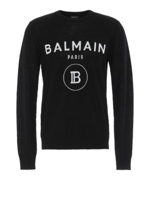 Balmain: maglia collo rotondo - Pullover con logo intarsiato
