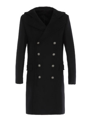 Balmain: cappotti al ginocchio - Cappotto in lana e cashmere con cappuccio