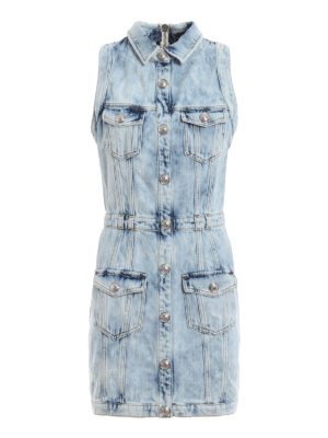Balmain: abiti corti - Abito corto smanicato in denim con abrasioni