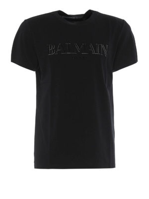 Balmain: t-shirt - T-shirt nera in cotone con logo in rilievo