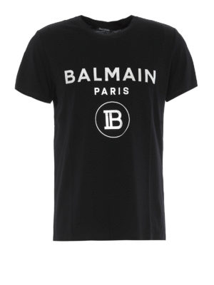 Balmain: t-shirt - T-shirt con stampa logo floccata