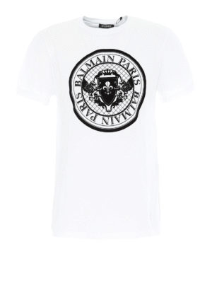 Balmain: t-shirt - T-shirt con stampa medaglione floccata