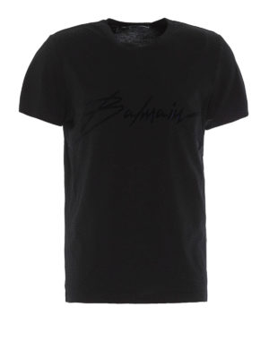Balmain: t-shirt - T-shirt con stampa firma floccata