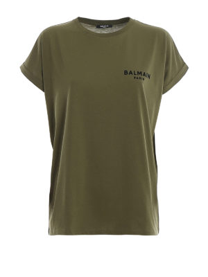 Balmain: t-shirts - Green cotton chest logo print T-shirt