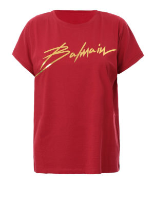 Balmain: t-shirt - T-shirt in cotone rosso con logo lettering