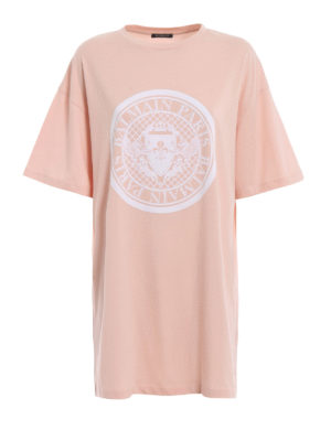 Balmain: t-shirt - T-shirt in cotone rosa con logo bianco