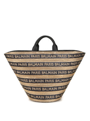 Balmain: shopper - Borsa a cestino in rafia con logo Balmain