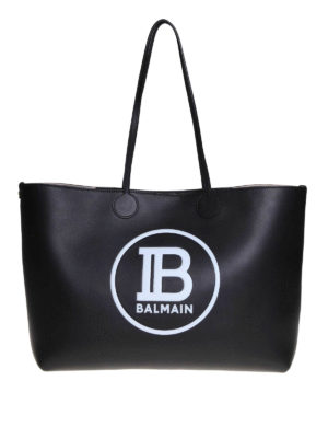 Balmain: totes bags - Black leather tote with logo
