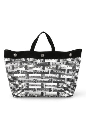 Balmain: shopper - Shopper in tela rivestita con stampa logo