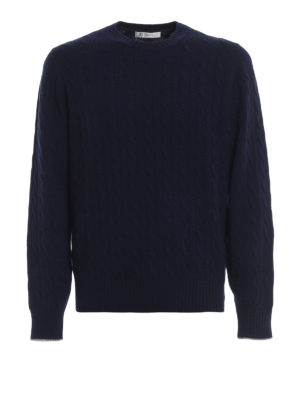 BRUNELLO CUCINELLI: maglia collo rotondo - Pullover in soffice cashmere a trecce blu