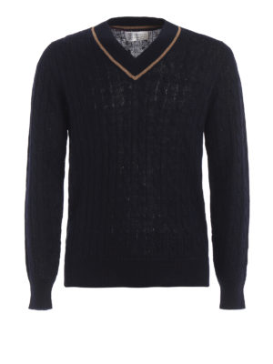 BRUNELLO CUCINELLI: maglia collo a v - Maglia in lino misto cotone a trecce blu