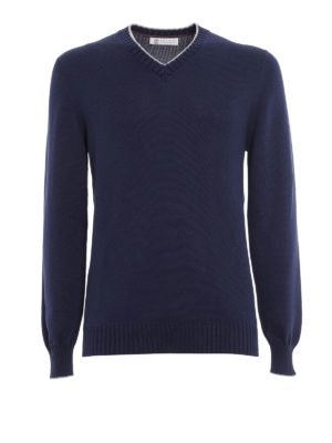 BRUNELLO CUCINELLI: maglia collo a v - Maglia a V profili a contrasto