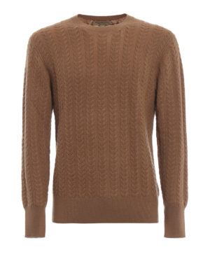 BURBERRY: maglia collo rotondo - Maglia intrecciata cammello in misto cashmere