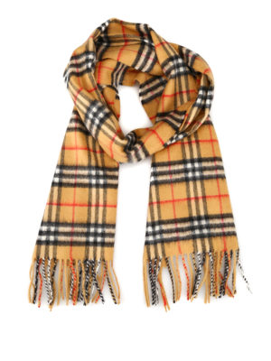 BURBERRY: sciarpe e foulard - Sciarpa in cashmere Vintage Check fondo ocra
