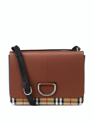 BURBERRY: borse a spalla - Borsa D Ring media in pelle e tessuto Check