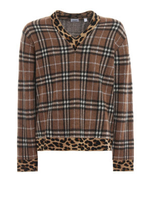 BURBERRY: v necks - Tartan Leo print cashmere mohair sweater