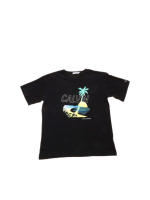 CALVIN KLEIN JEANS: t-shirts - Tropical print T-shirt in black