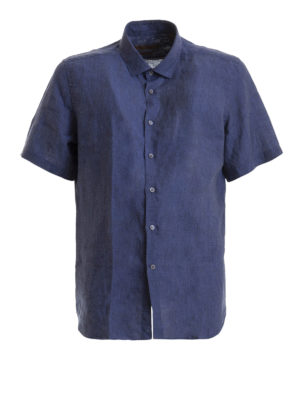 CORNELIANI: camicie - Camicia a maniche corte in lino blu