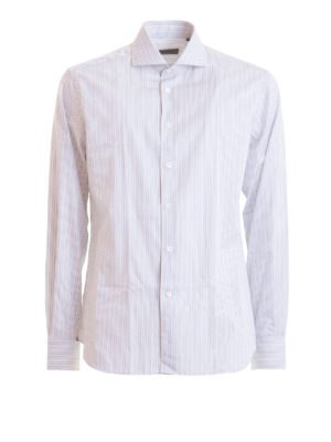 CORNELIANI: shirts - Logo patch striped cotton shirt