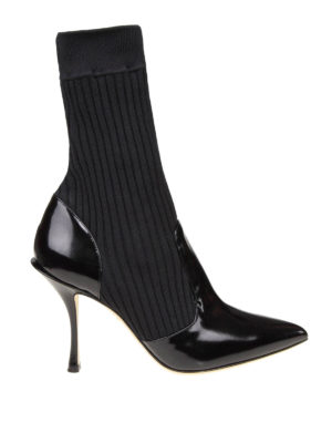 DOLCE & GABBANA: tronchetti - Stivaletti in pelle lucida con maglia a coste