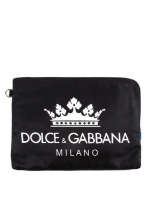 DOLCE & GABBANA: pochette - Clutch in nylon con stampa corona