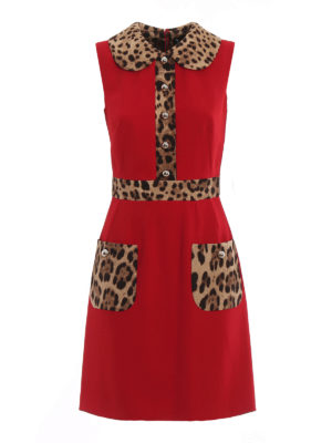 DOLCE & GABBANA: abiti al ginocchio - Abito svasato in lana con inserti leopardati