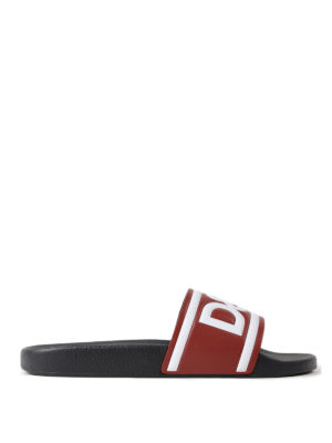 Dolce & Gabbana: sandals - Logo print red leather slides