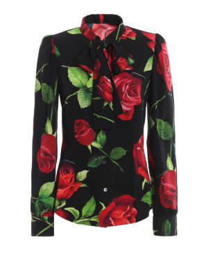 DOLCE & GABBANA: camicie - Camicia in seta con stampa rose e sciarpina