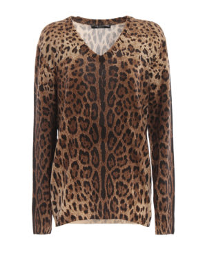 DOLCE & GABBANA: maglia collo a v - Maglione in cashmere stampa leopardo