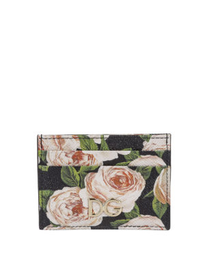 DOLCE & GABBANA: portafogli - Porta carte in pelle Dauphine con stampa rose