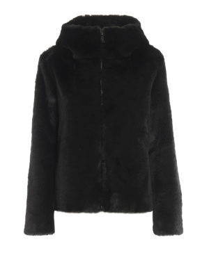 DONDUP: Fur & Shearling Coats - Black hooded faux fur coat