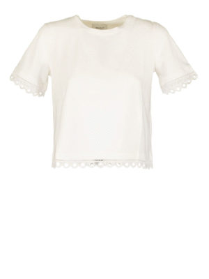 DONDUP: t-shirts - Lace trim cropped cotton t-shirt