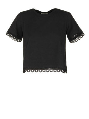 DONDUP: t-shirts - Lace trim cropped cotton t-shirt