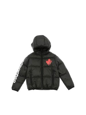 DSQUARED2: padded coats - Black down jacket with red logo print