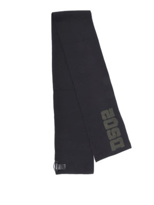 DSQUARED2: sciarpe e foulard - Sciarpa in lana nera con intarsio logo