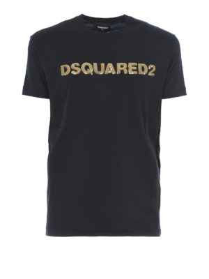 DSQUARED2: t-shirt - T-shirt nera con Dsquared2 in paillettes oro
