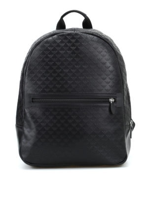 EMPORIO ARMANI: zaini - Zaino nero in pelle con stampa logo all over