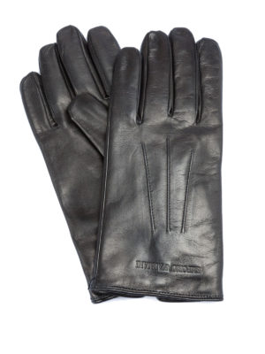 EMPORIO ARMANI: guanti - Guanti in pelle con logo lettering goffrato