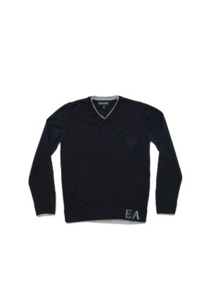 EMPORIO ARMANI: knitwear - Blue pullover with gray edges