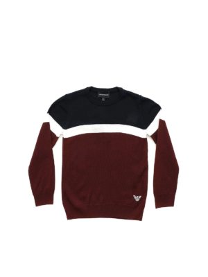 EMPORIO ARMANI: knitwear - Burgundy blue and white crew-neck pullover