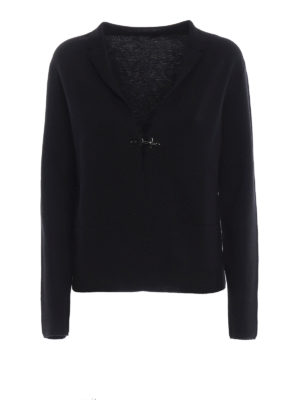 FAY: cardigan - Cardigan nero in lana pettinata con un gancio