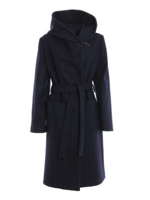 FAY: knee length coats - Blue wool and cashmere hooded coat
