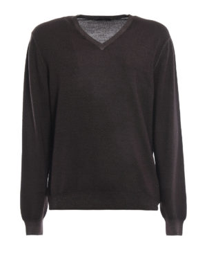 FAY: maglia collo a v - Pullover a V in lana merino marrone scuro