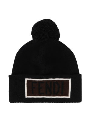 FENDI: berretti - Berretto in lana nera con intarsio Fendi